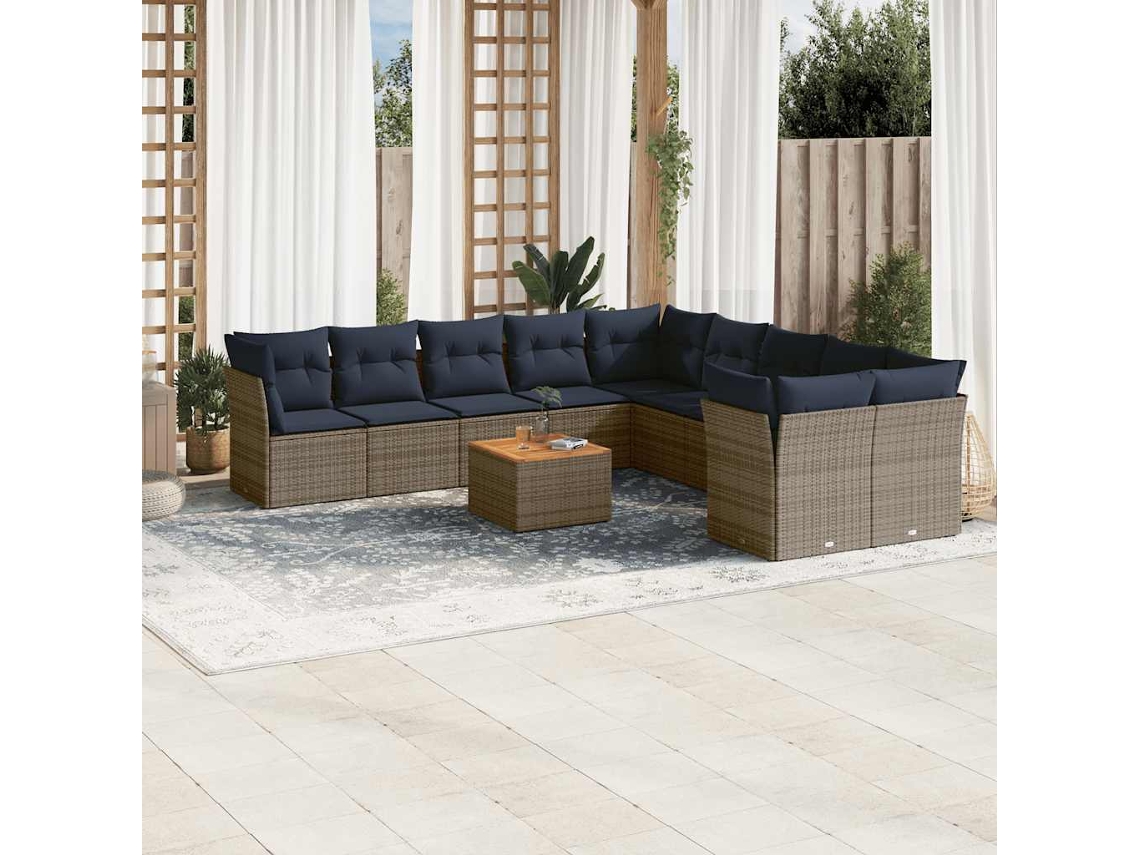 Vidaxl 11 Pcs Conjunto Sofás De Jardim C/ Almofadões Vime Pe Cinzento