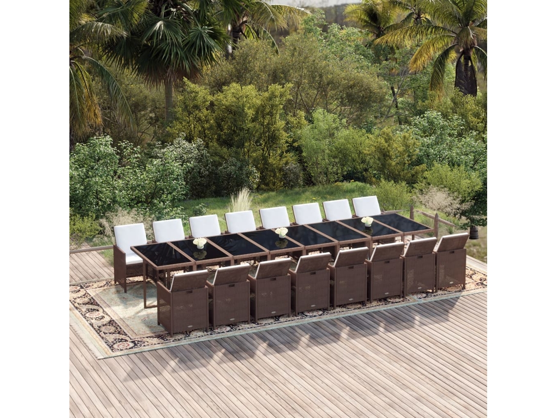 Vidaxl 17 Pcs Conjunto Jantar P/ Jardim C/ Almofadões Vime Pe Castanho