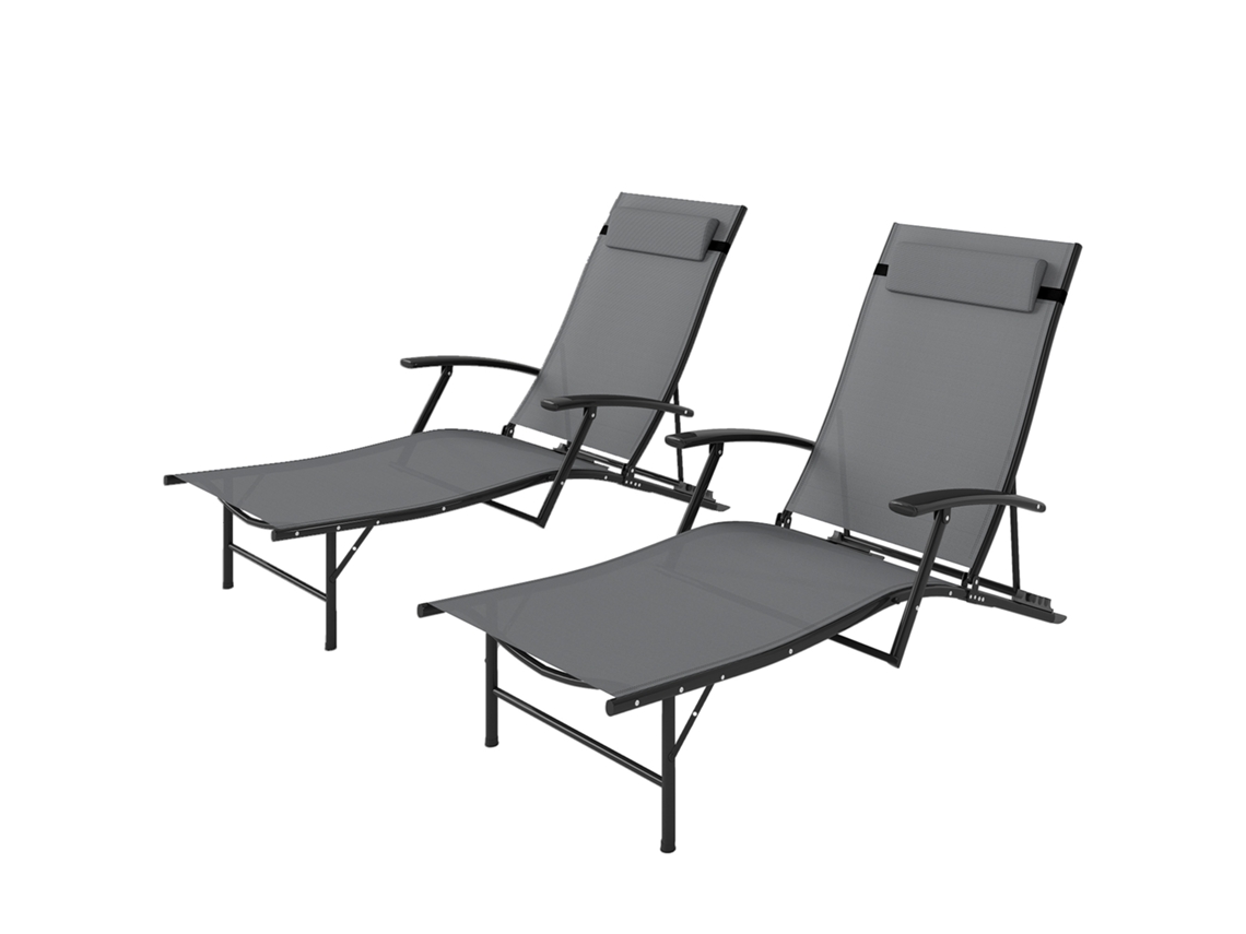 Conjunto De 4 Níveis E Almofada. Cinza 2 Espreguiçadeiras Dobráveis Com Encosto Ajustável Em