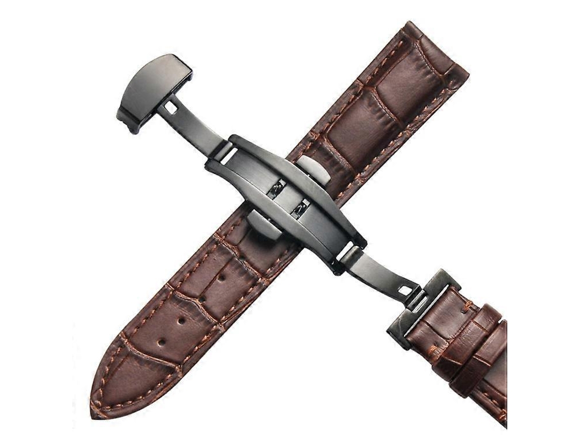Pulseira De Relógio Clássica De Couro Bovino Preto Com Fecho Borboleta De 20 Mm