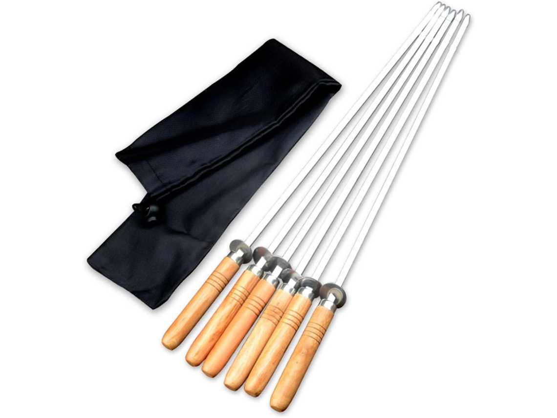 Conjunto De 6 Espetos De Aço Inoxidável Para Churrasco Com Cabos De Madeira Antiderrapantes.