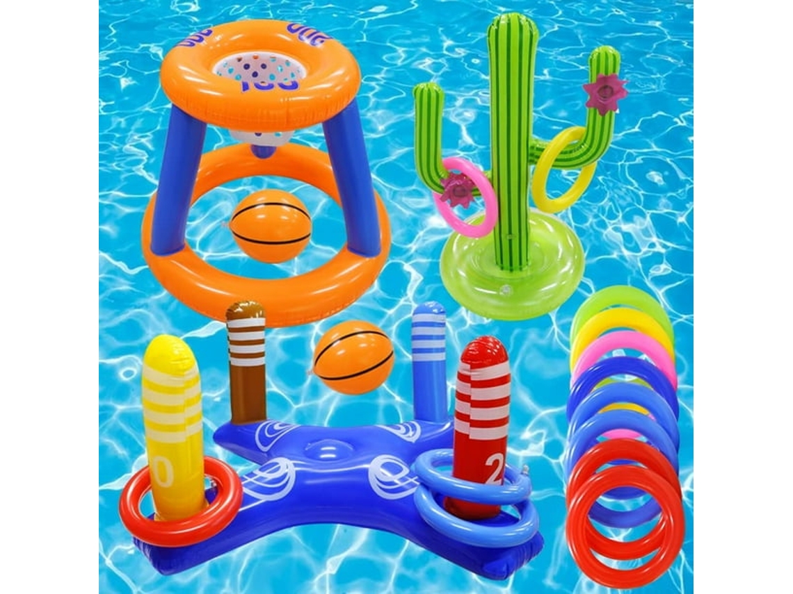 Conjunto 3 Jogos Insufláveis Para Piscina Com Basquetebol E Argolas