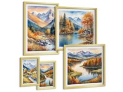 Galeria De Pinturas Murais Lago, Floresta, Barco, Manhã Nebulosa Moldura Dourada Quadros Para O Escritório Espelharte (conjunto De 5 Imagens)