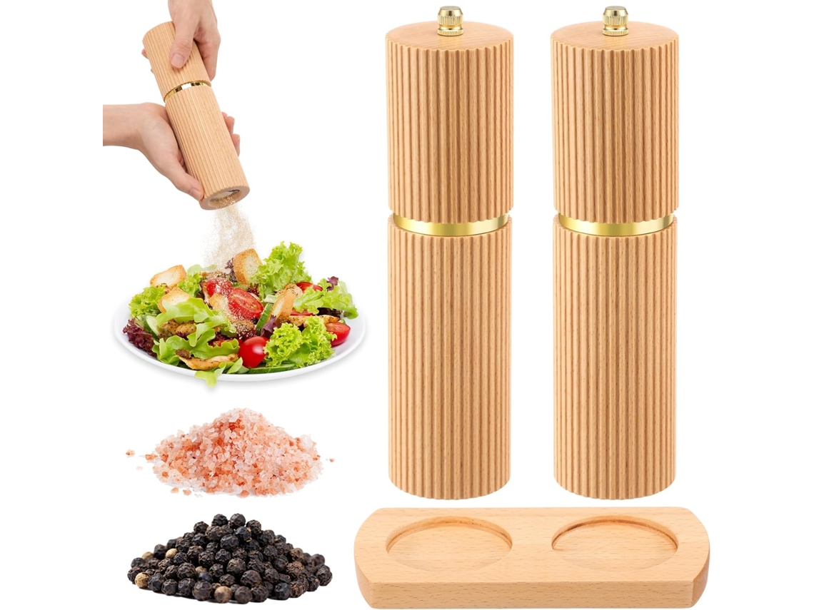 Conjunto De 2 Moedores De Sal E Pimenta Madeira Com Núcleo Cerâmica, Ajuste De Moagem E Bandeja Para Servir