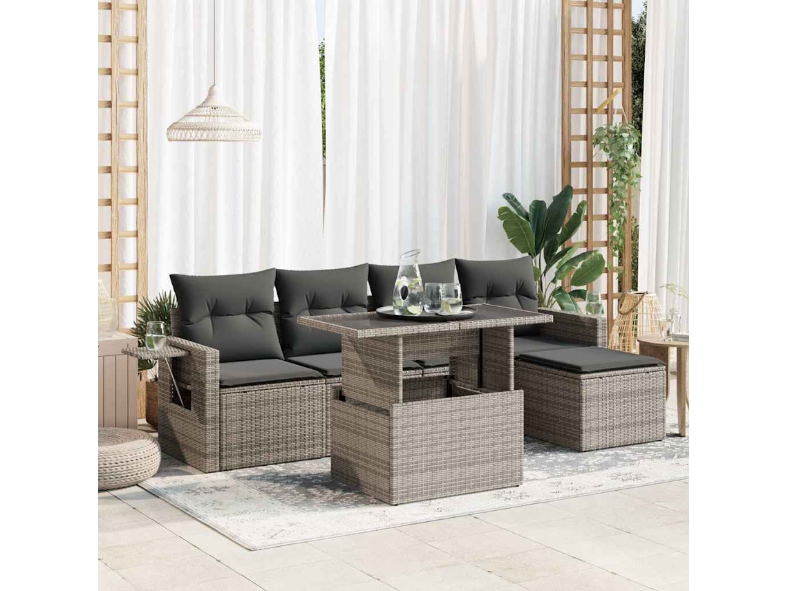 Vidaxl 6 Pcs Conjunto Sofás De Jardim Com Almofadões Vime Cinzento