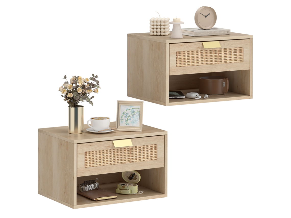 Conjunto de 2 Mesas Cabeceira Suspensas com Gaveta Vime Prateleira Aberta Economiza Espaço 40x30x25 Cm Carvalho FYNTERA EUROPA