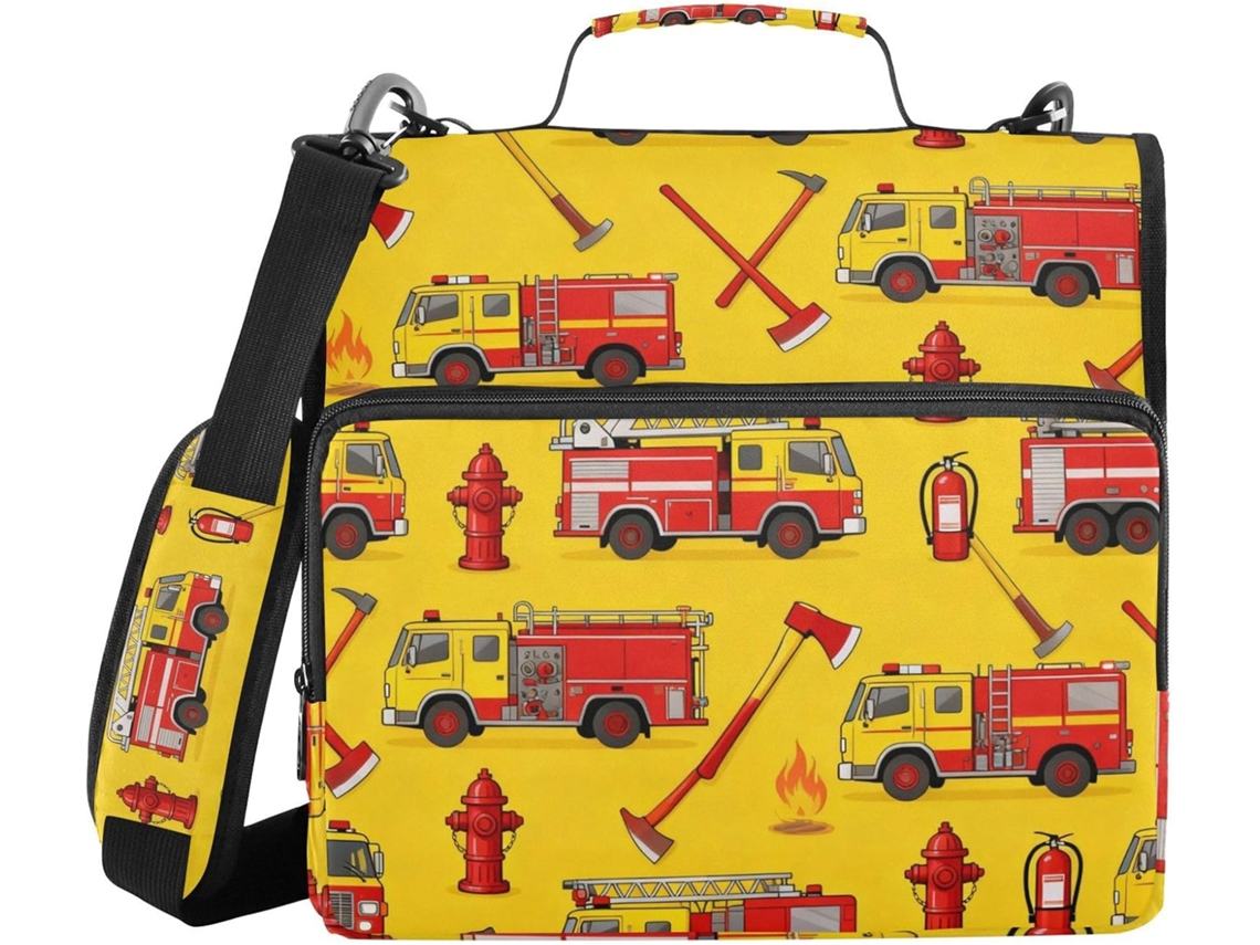 Pasta com 3 argolas com data e alça, organizador de documentos com várias bolsas, carteira escolar Resgate Incêndio
