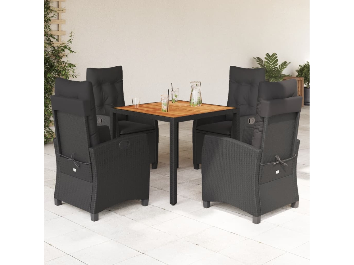 Vidaxl 5 Pcs Conjunto De Jantar P/ Jardim C/ Almofadões Vime Pe Preto