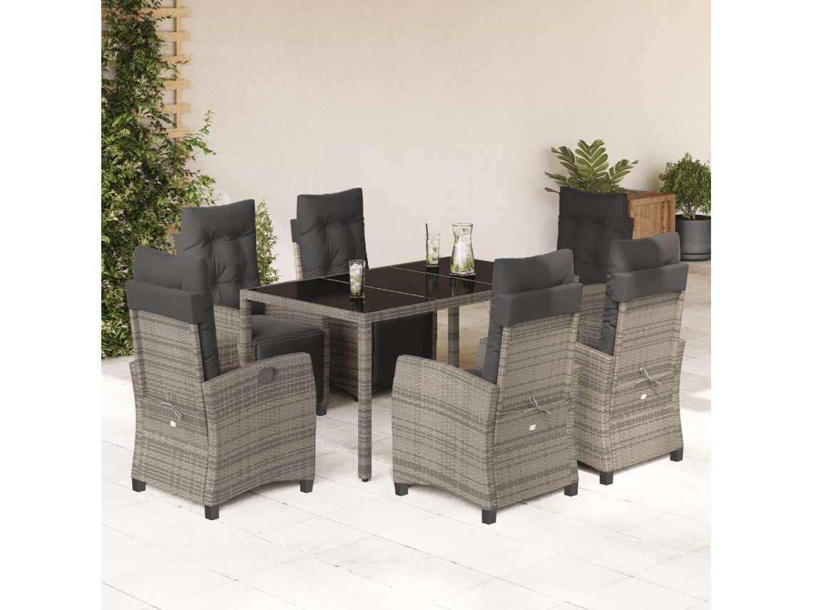 Conjunto 7 Peças Jantar P/ Jardim C/ Almofadões Vime Pe Cinza Dkd Home Decor