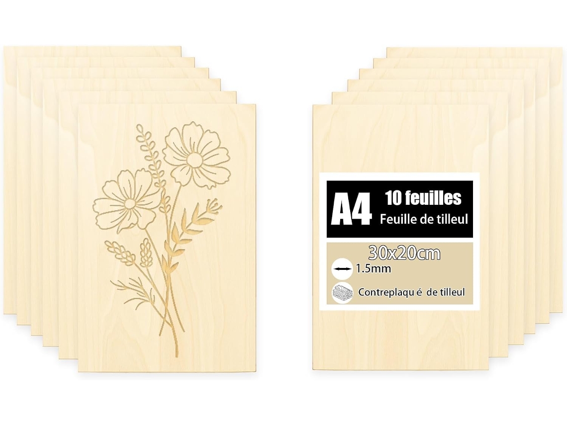 10 peças de compensado de tília de 1,5 mm - 30 x 20 cm - Folhas de madeira para corte a laser e pirografia.
