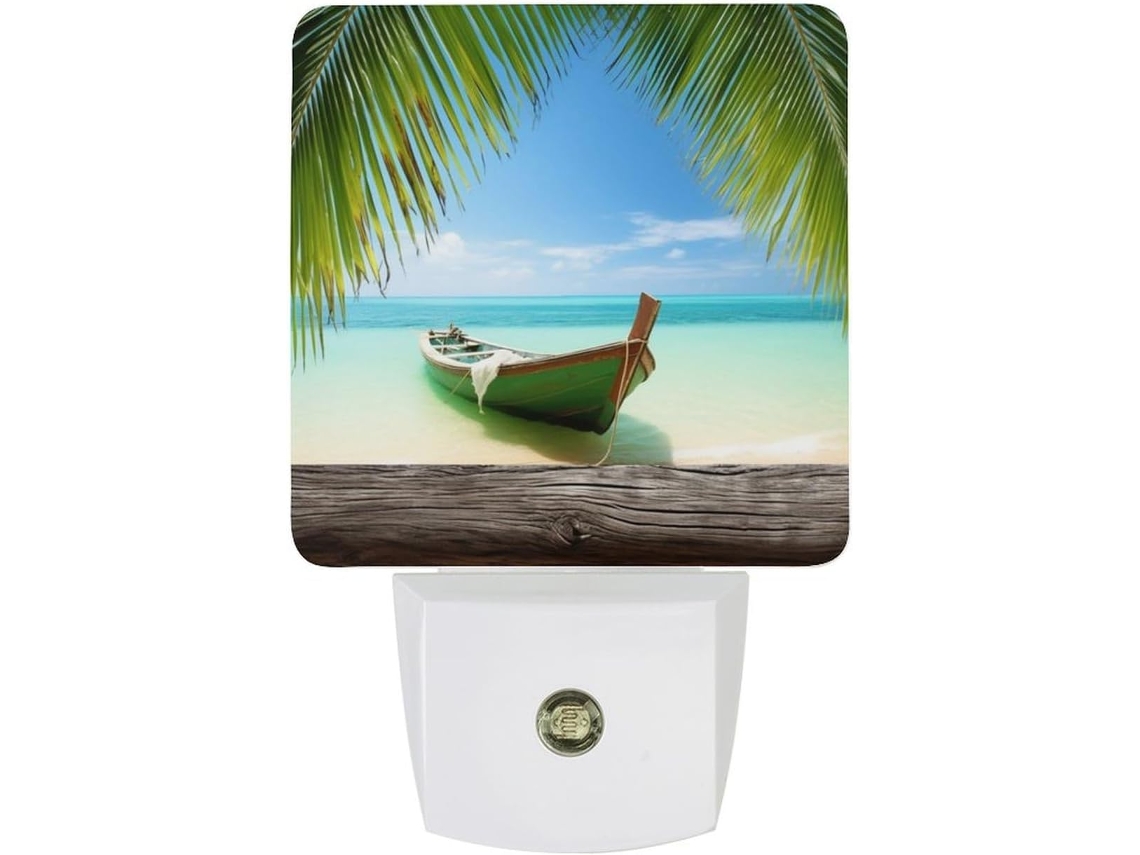 Luminária de parede com plugue, tema praia, barco, Coqueiro Folhas, sensor de luminosidade, luz LED branca quente