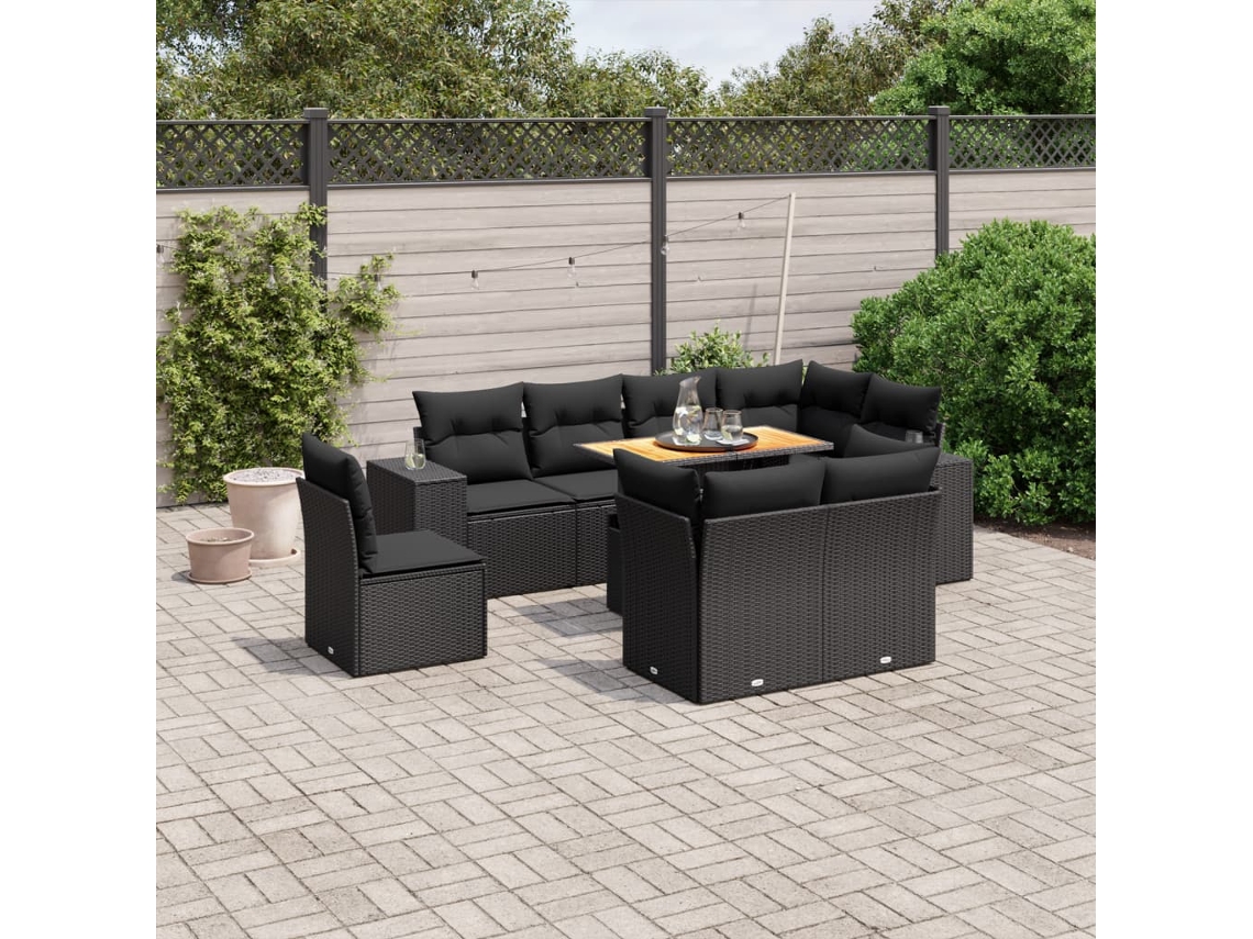 Vidaxl 9 Pcs Conjunto De Sofás P/ Jardim C/ Almofadões Vime Pe Preto