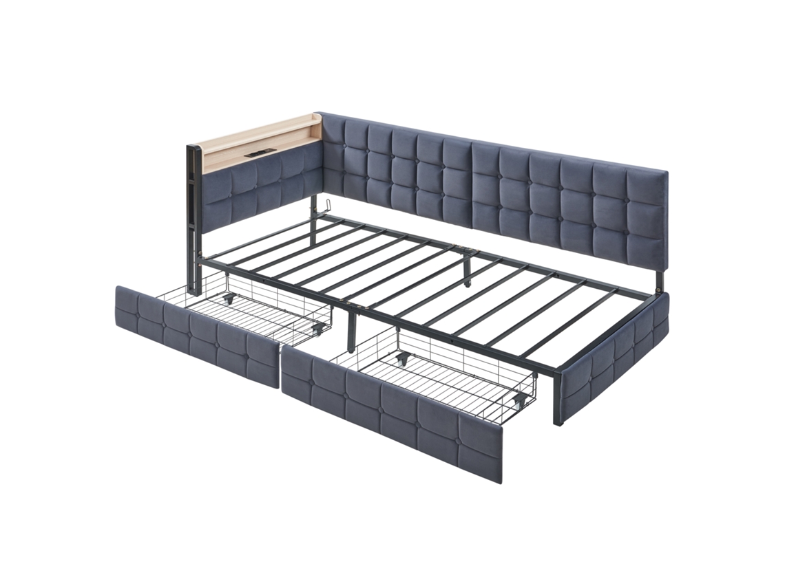 Sofá cama estofado 90x200 com gavetas, luminária led, portas usb e tipo c, em formato de barco, cinza PAPRIKA