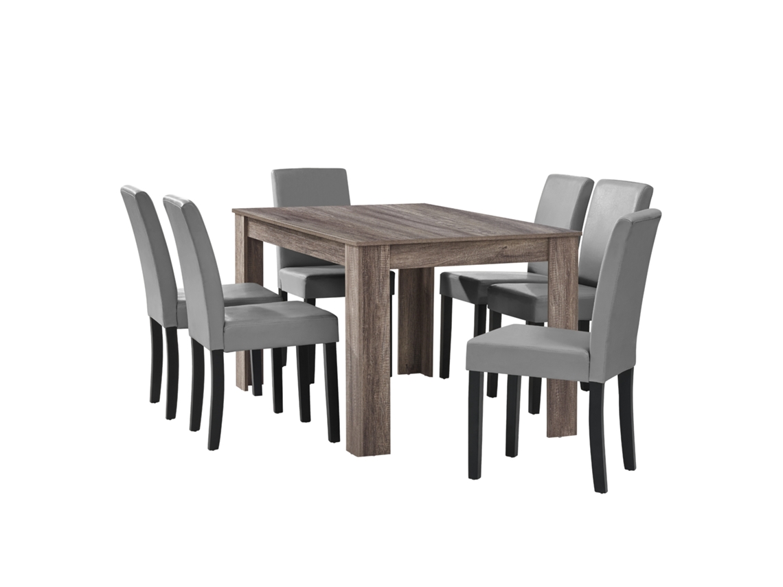 Mesa de Jantar + 6 Cadeiras Forssa Mdf e Couro Sintético 140X90X77Cm Carvalho Antigo + Cinzento Claro [EN.CASA]