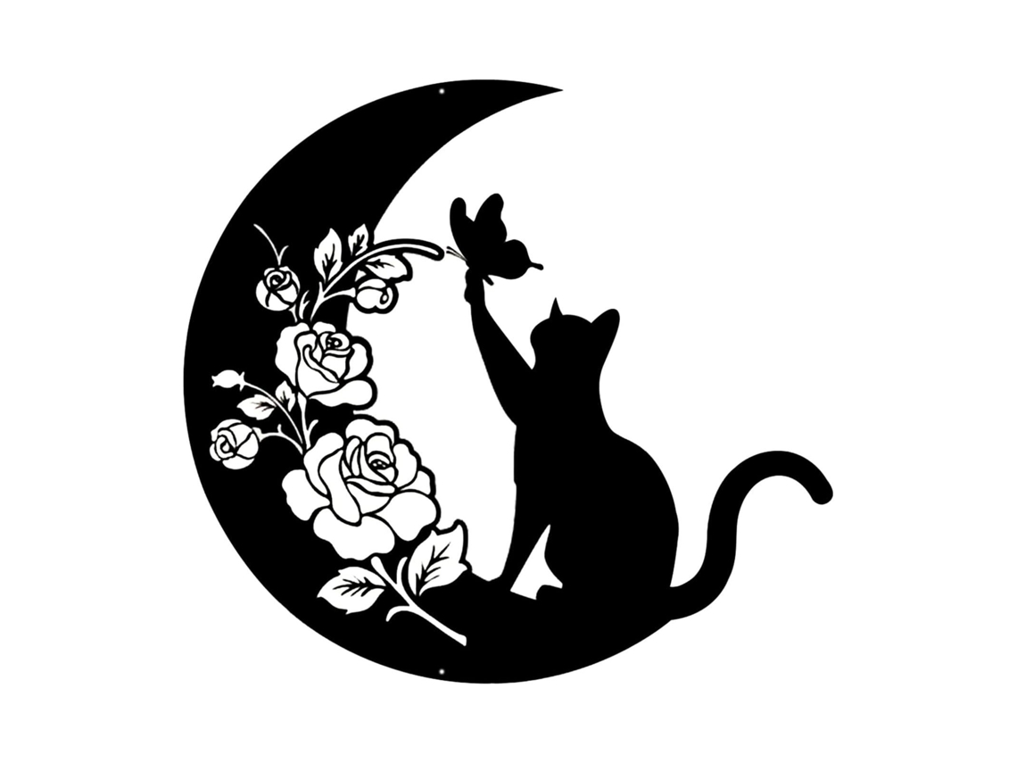 Decoração de Parede Gato e Lua em Metal para Sala de Estar, Preto, 1 Peça LAXISCREED