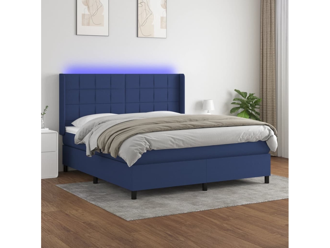 Vidaxl Cama Box Spring C/ Colchão E Led 180x200 Cm Tecido Azul