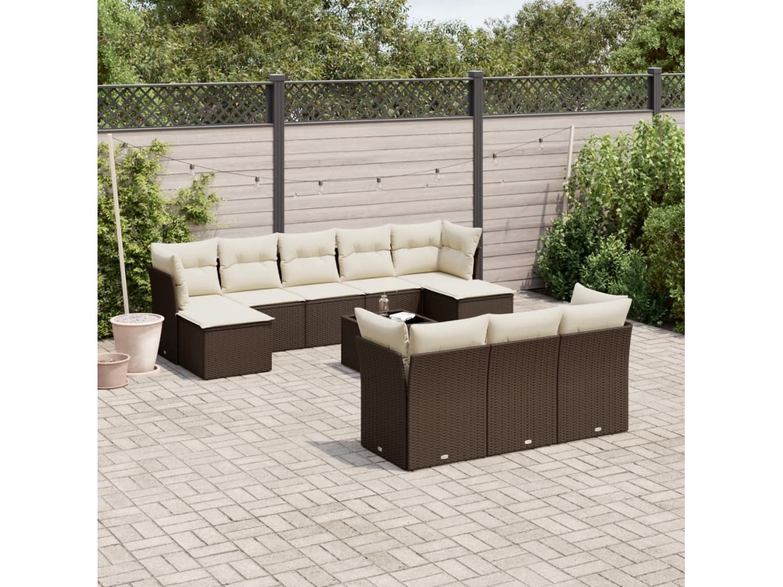 Vidaxl 11 Pcs Conjunto Sofás De Jardim C/ Almofadões Vime Pe Castanho