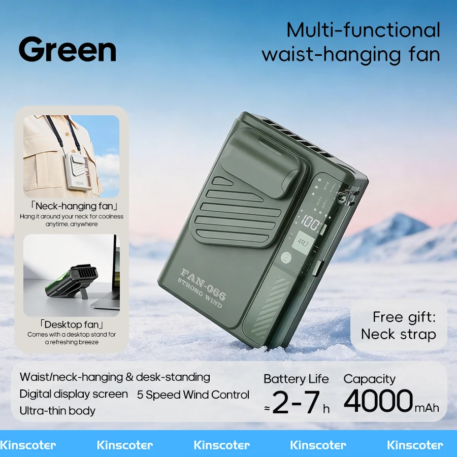 (verde) Ventilador Multifuncional De Cintura, Bateria De 4000mah, Cinco Configurações De Velocidade Do Vento, Com Visor Digital.