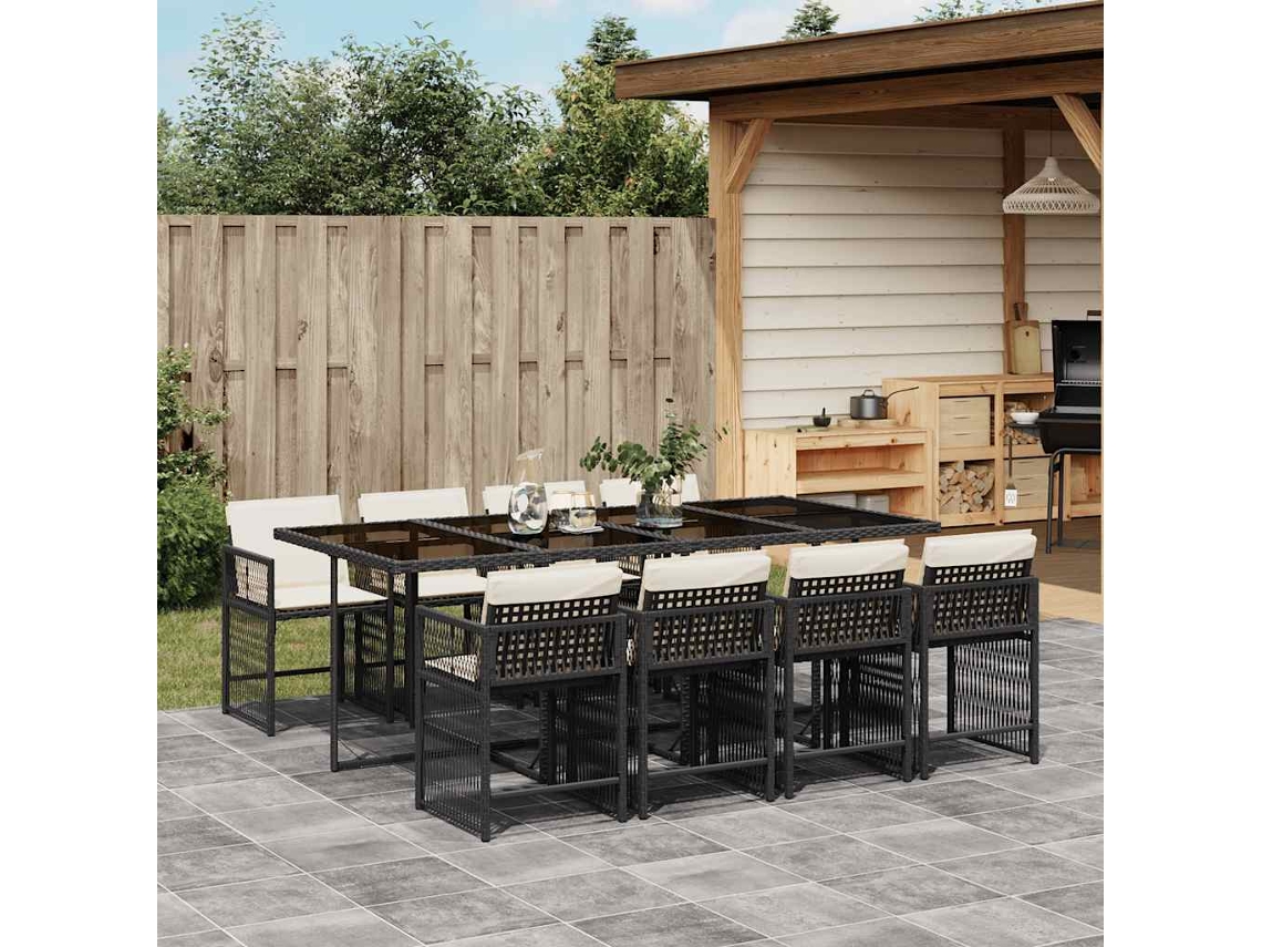 Vidaxl 9 Pcs Conjunto De Jantar P/ Jardim C/ Almofadões Vime Pe Preto