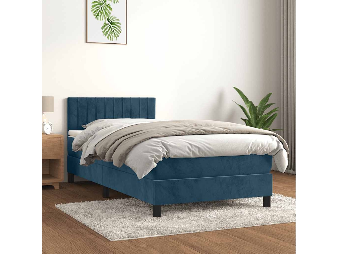 Vidaxl Cama Com Molas/colchão 90x200 Cm Veludo Azul-escuro