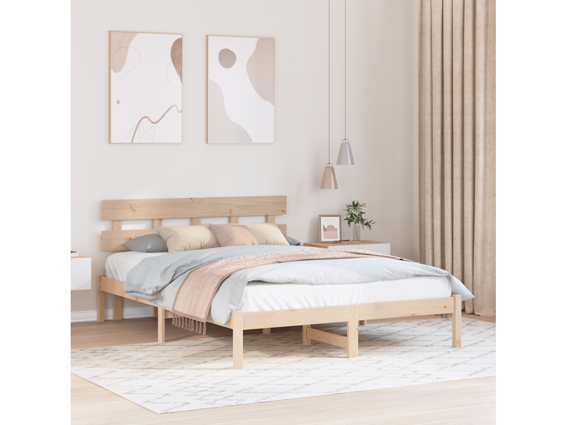 Estrado De Cama Com Cabeceira 140x200 Cm Madeira Maciça De Pinho