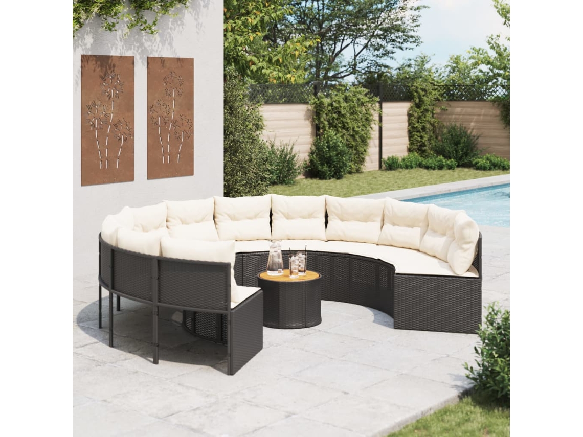 Vidaxl Sofá De Jardim Com Mesa E Almofadões Redondo Vime Pe Preto