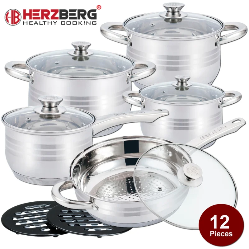 Conjunto de Panelas Inox HERZBERG -12 Peças Gás Indução Vitro