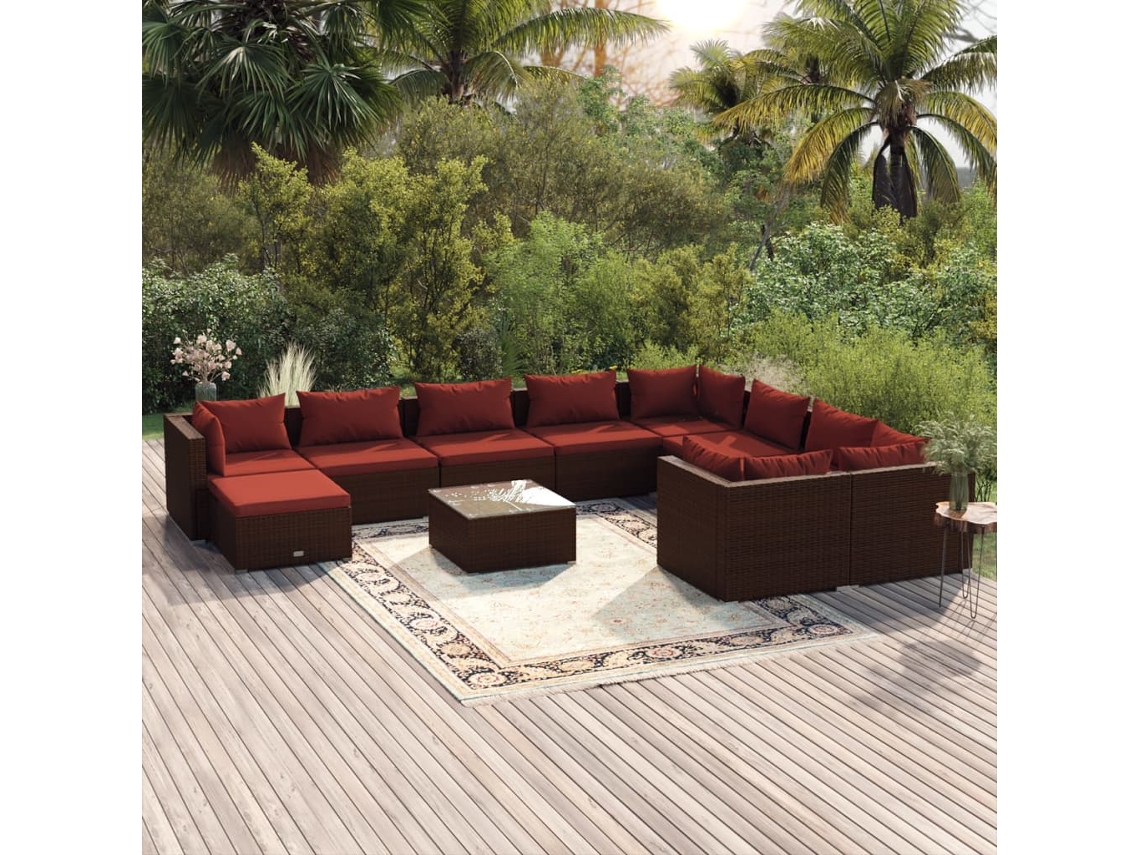 Vidaxl 11 Pcs Conjunto Lounge Jardim C/ Almofadões Vime Pe Castanho