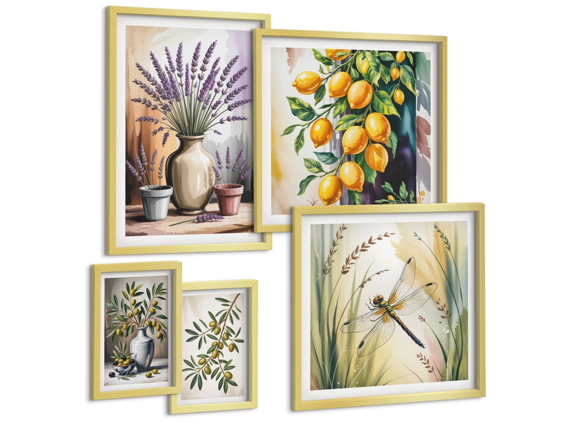 Quadros Decorativos Para Parede Montanhas, Peixes, Grande Onda, Japão Moldura Dourada Quadros Para O Escritório Espelharte (conjunto De 5 Imagens)