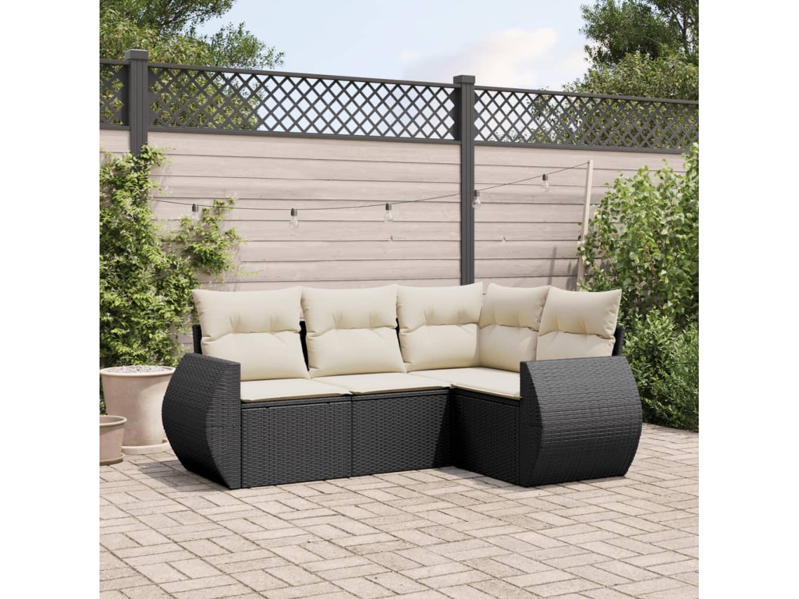 Conjunto de sofá de jardim de 4 peças com almofadas Vime Pe preto Lovely Home