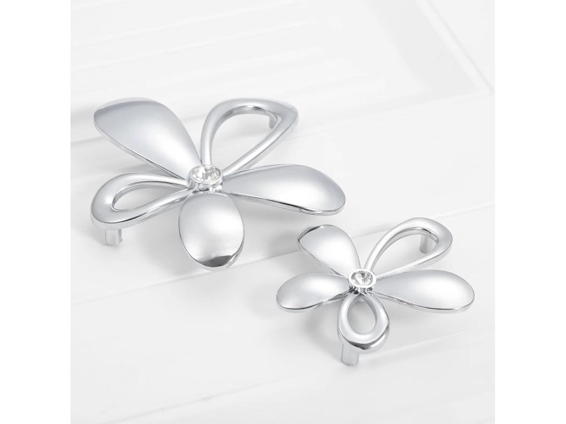 Puxador Vazado Em Formato De Flor Com Decoração Cristal E Diamante, Com Parafuso, Acabamento Prateado Espelhado, Furo De