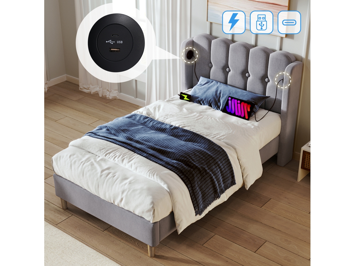 Cama Estofada Cama De Solteiro Com Usb Tipo C, Estrutura De Cama Com Moldura Ripada, Cama Em Cinza, 90 X 200 Cm Cama Cama Jovem