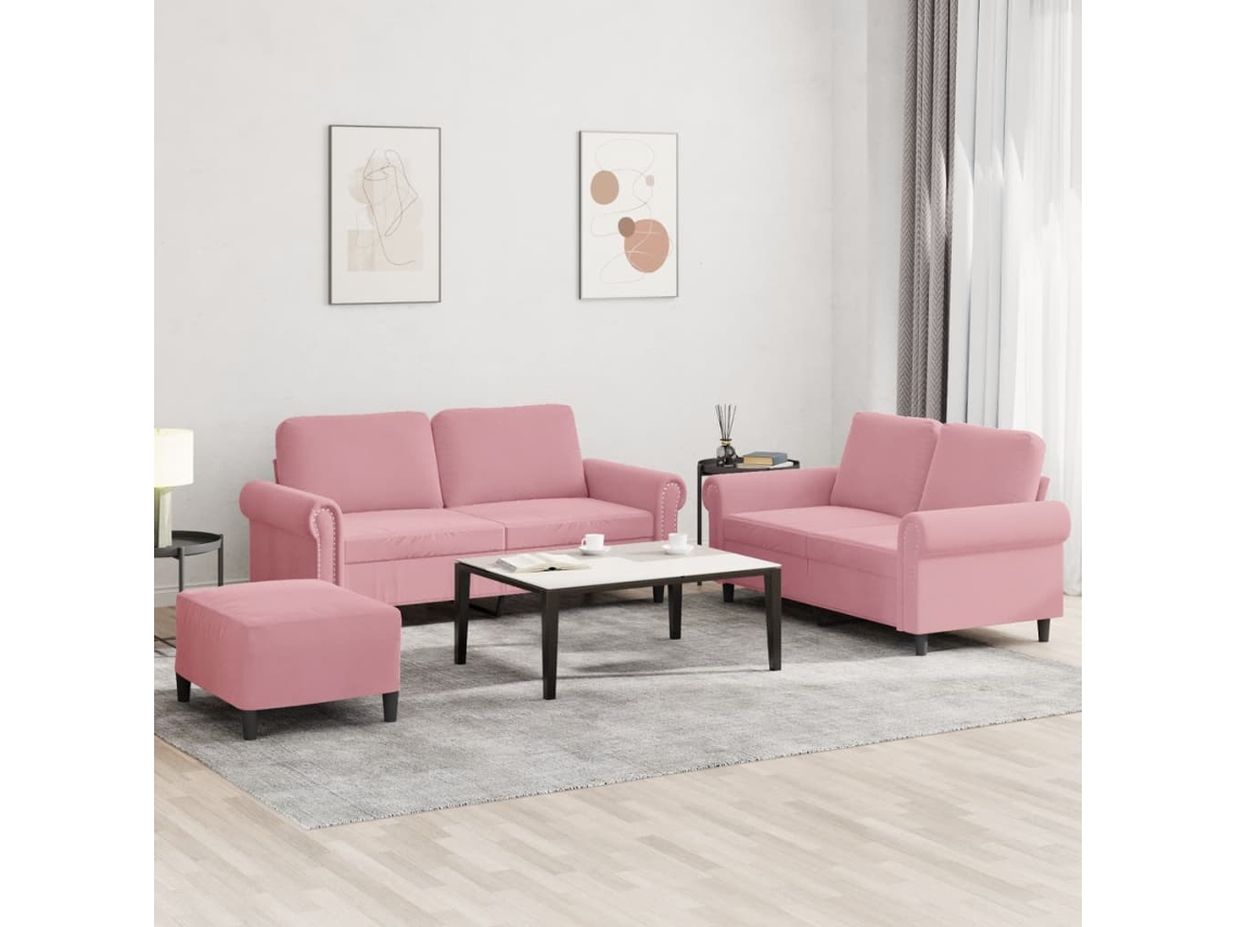Vidaxl 3 Pcs Conjunto De Sofás Com Almofadões Veludo Rosa