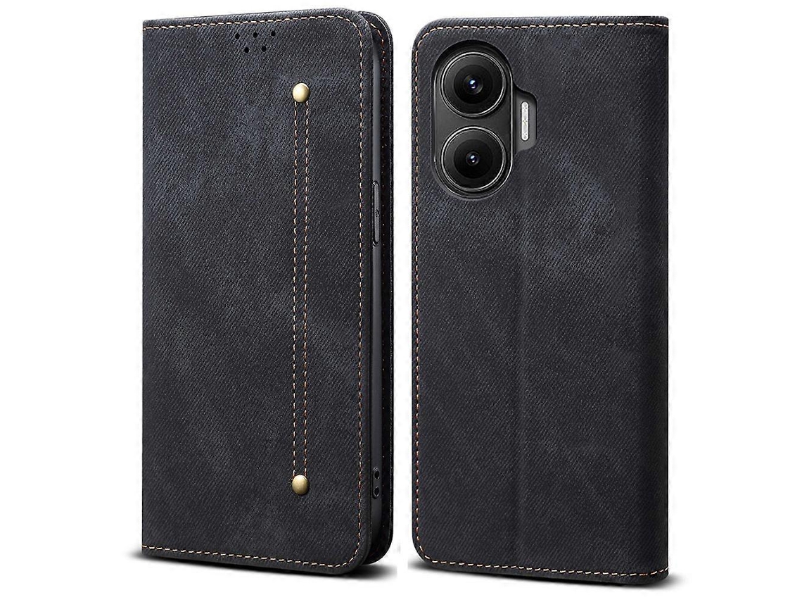 Capa De Celular Com Textura Jeans E Suporte De Couro Antirriscos Para Xiaomi Redmi Turbo 4 Pro 5g, Preta