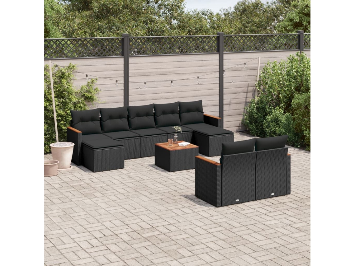 10 Pcs Conjunto Sofás De Jardim C/ Almofadões Vime Pe Preto Dkd Home Decor