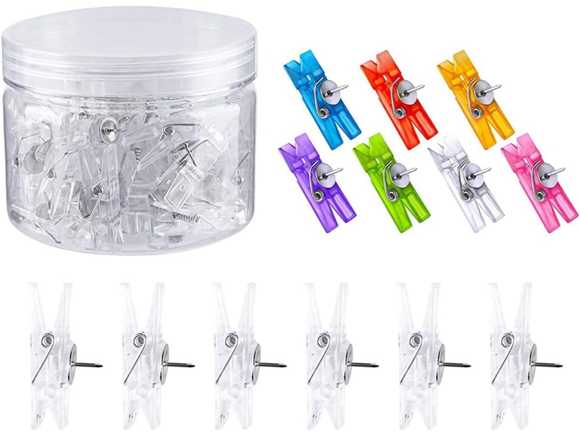 Pregadores de roupa de plástico pequenos, tachinhas para fotos e recados, 2 caixas com 60 unidades cada, transparentes e coloridos.