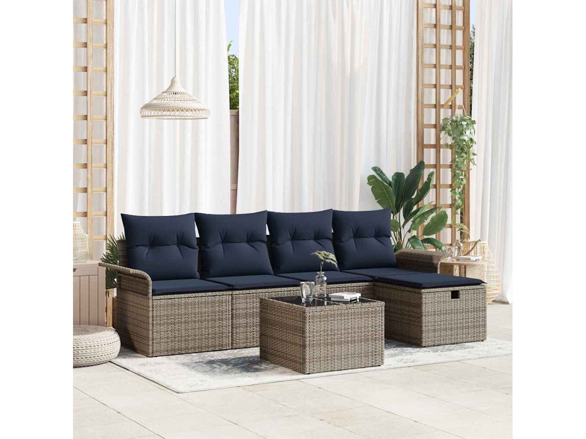 Vidaxl Conjunto De Sofá De Jardim 6 Unid. Cinza E Azul Marinho Vime Pe