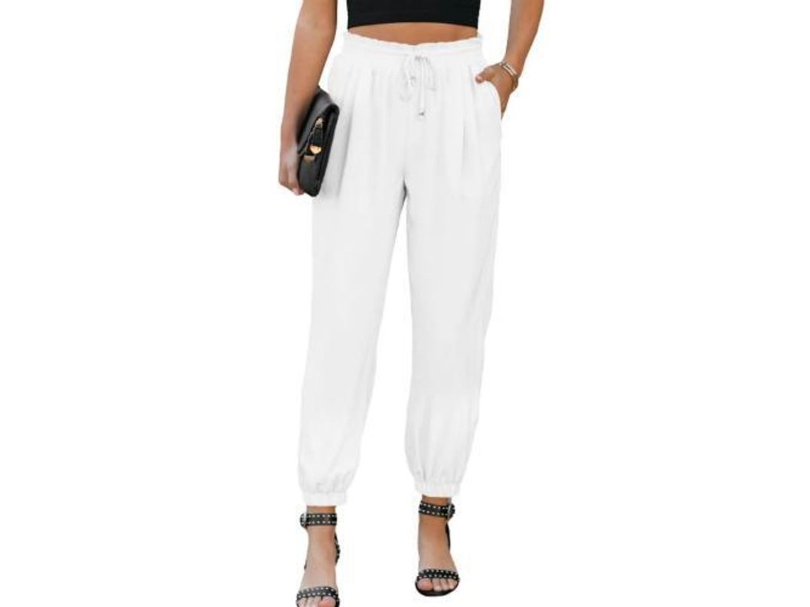 2026 pantalones Casuais de Linho para Mulher com Cintura Alta Elástica e Bolsos Soltos e Confortáveis XXL Blanco