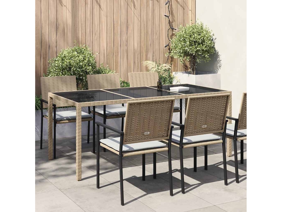 Vidaxl Mesa De Jardim 190x90x75 Cm Vidro Temperado E Vime Pe Bege