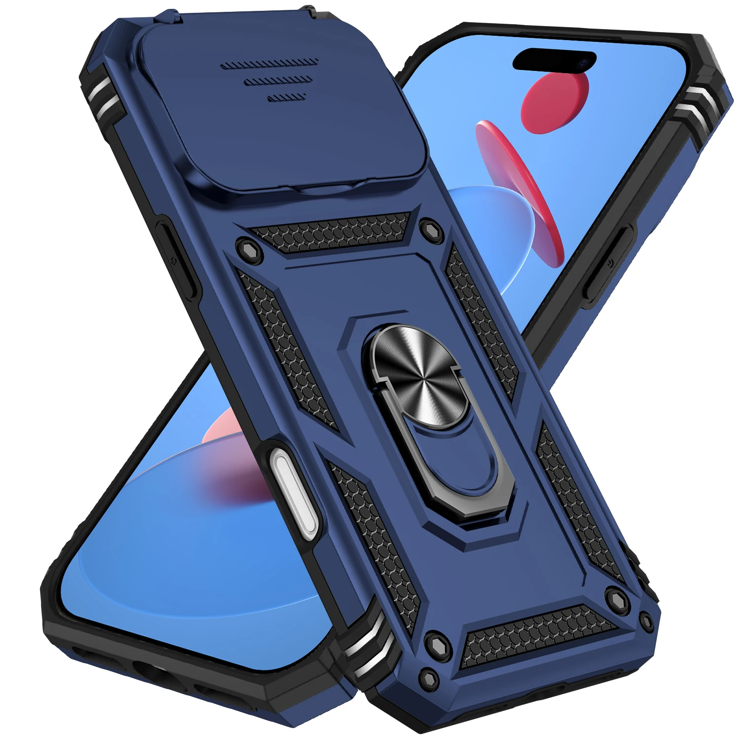 (azul, Iphone 16 Pro Max) Capa Portátil Para Celular Com Anel Magnético Em Pctpu E Protetor De Lente Deslizante.
