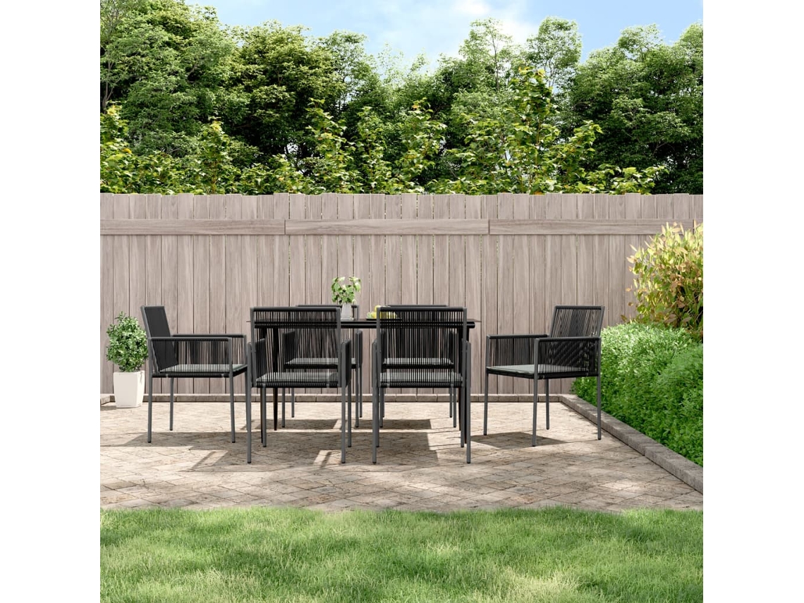 Vidaxl 7 Pcs Conjunto Jantar P/ Jardim C/ Almofadões Vime Pe/aço Preto