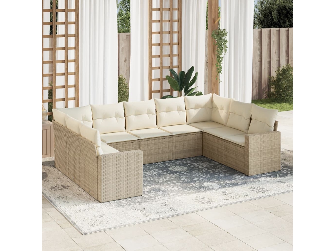 Vidaxl 9 Pcs Conjunto De Sofás P/ Jardim Com Almofadões Vime Pe Bege