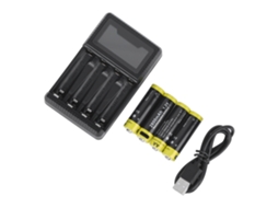 Carregador de 4 compartimentos para pilhas AA com visor LCD e porta USB.