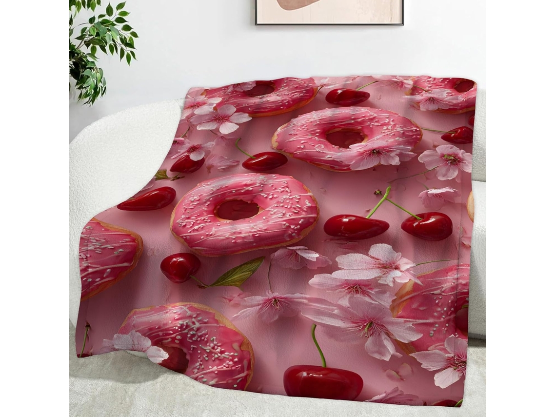 Manta Donut e Cereja 150x200 Cm Multifuncional Macia Aconchegante em Flanela Ideal para Cama Escritório Cochil