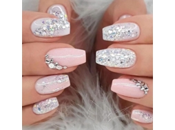 Unhas Falsas de Prata com Glitter e Strass Forma Quadrada Média Rosa Branco Brilhante