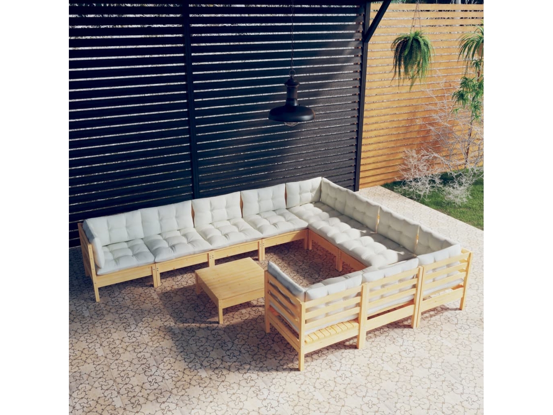 Conjunto 11 Peças Lounge De Jardim C/ Almofadões Cor Creme Pinho Dkd Home Decor