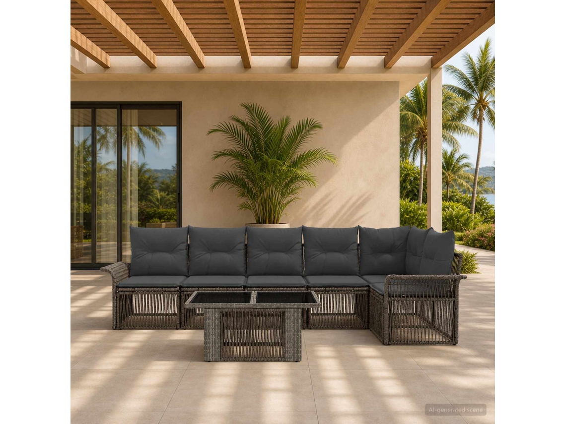 Vidaxl Conjunto De Sofá De Jardim 7 Unid. Cinza E Cinza Escuro Vime Pe