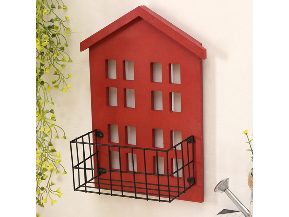 Estante de Parede de Madeira Artesanal em Forma de Casa Pendente para Quarto e Sala Vermelha