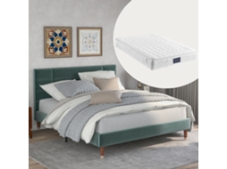 Cama Estofada, Cama De Casal, Estrutura De Cama Estofada 140x200cm Com Cabeceira, Em Veludo Verde Escuro, Com Colchão De Molas