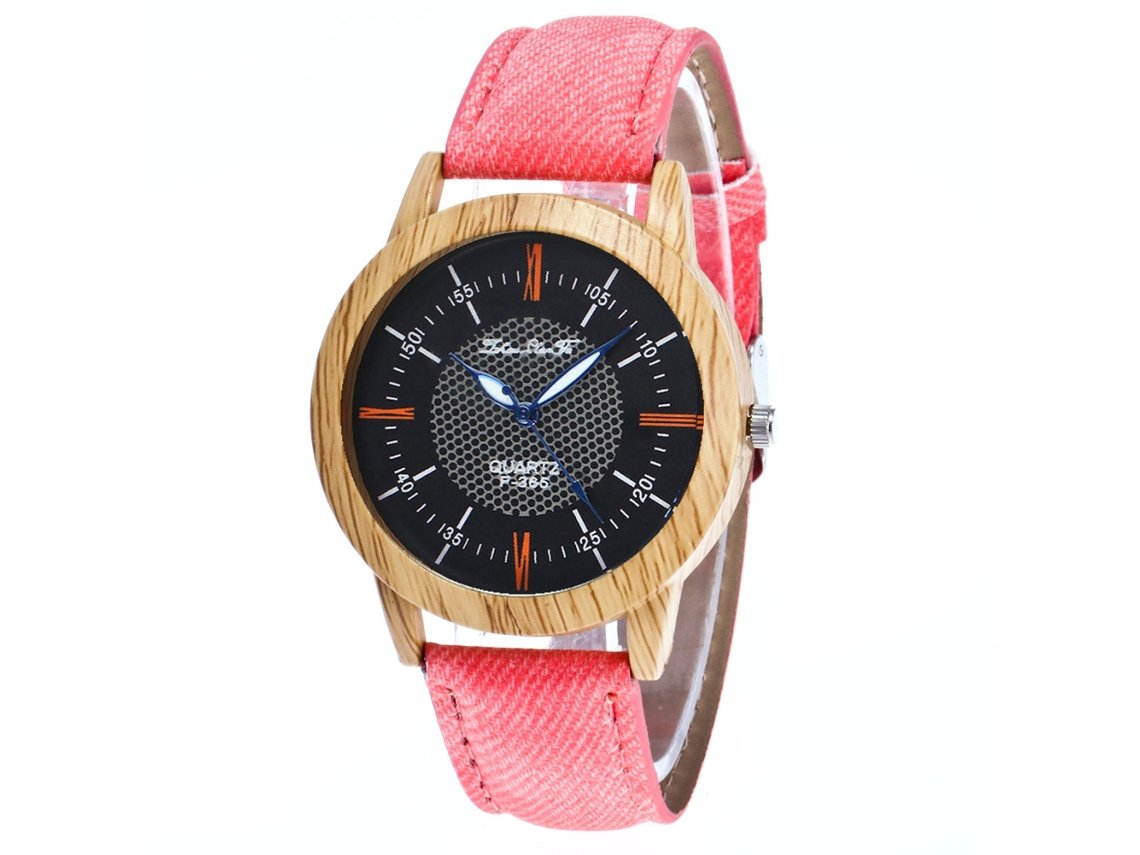 Relógio Zhoulianfa Quartz Chronography com pulseira de jeans e couro, design casual rosa.
